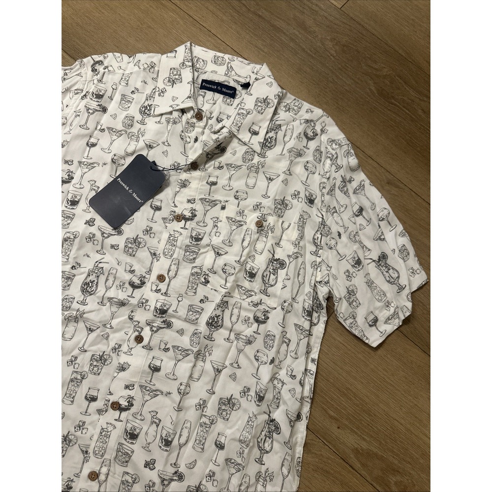 Preswick & Moore Men's Hawaiian Button Shirt SS Medium Ivory Cocktails Rayon NWT